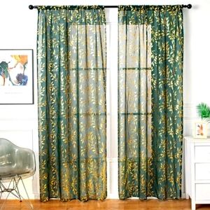2 Panel Emerald Green & Gold Leave Window Curtain Set